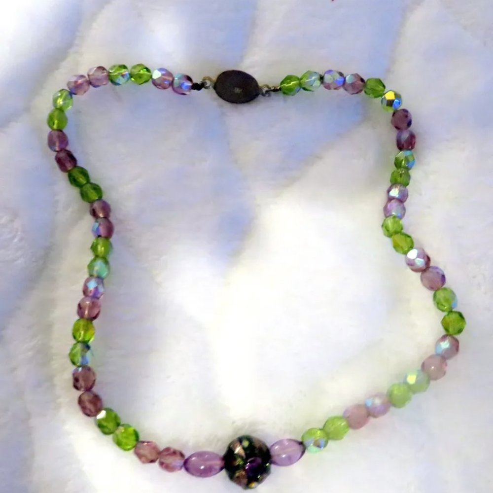 Vintage Purple and Green Beaded Choker Necklace